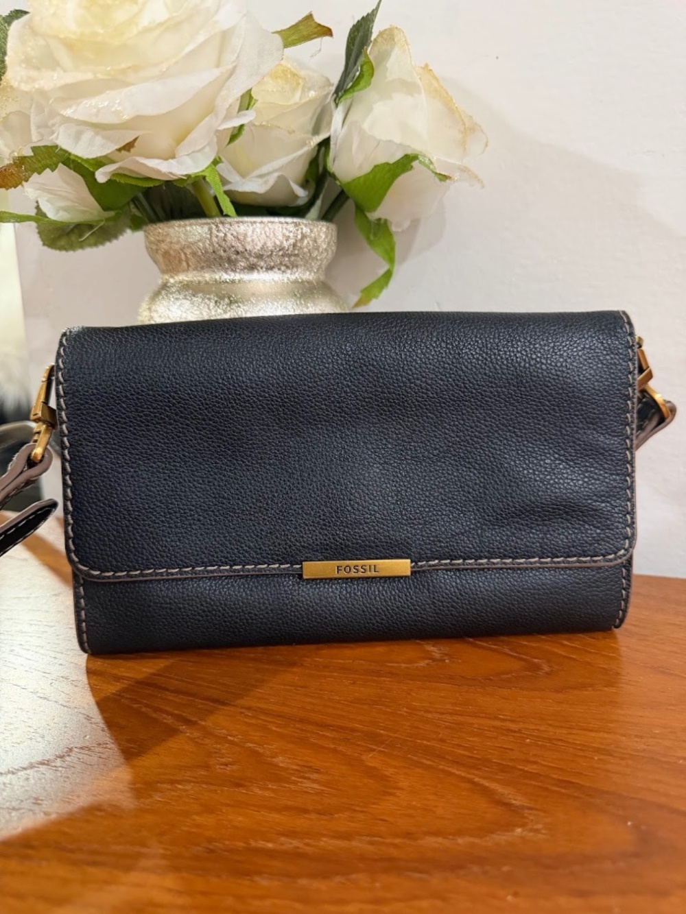 Fossil Jori Wallet Crossbody Bag Black Pebbled Leather Purse